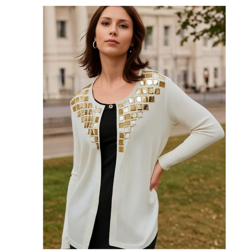 Jones New York Cardigan Sweater Top Womens Size Large Cream Open Decorated Front